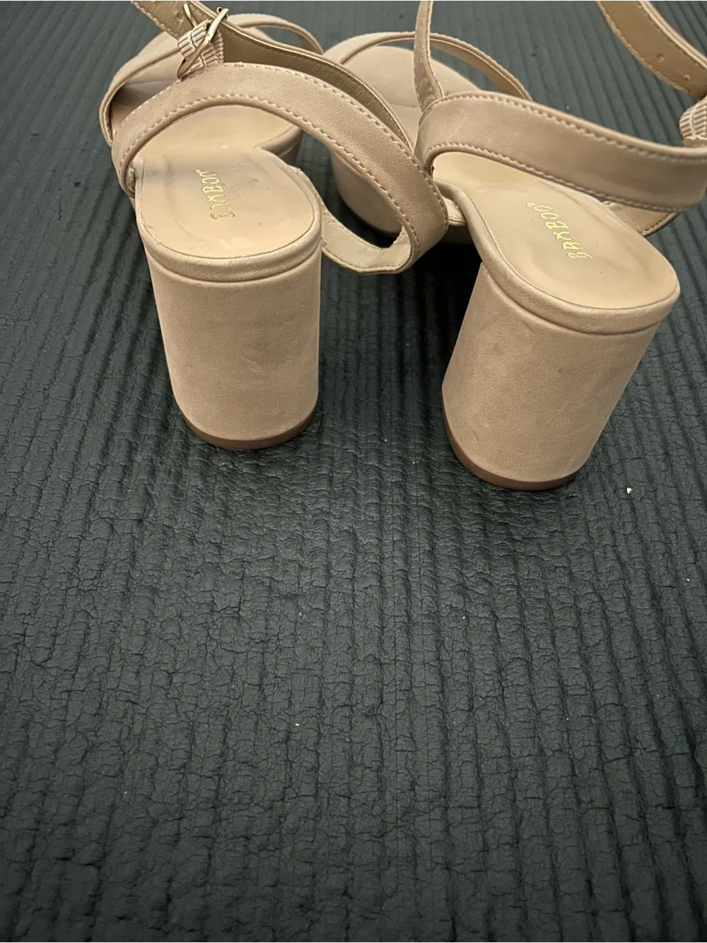 BAMBOO Nude Beige Ankle-Strap Block Heel Sandals
